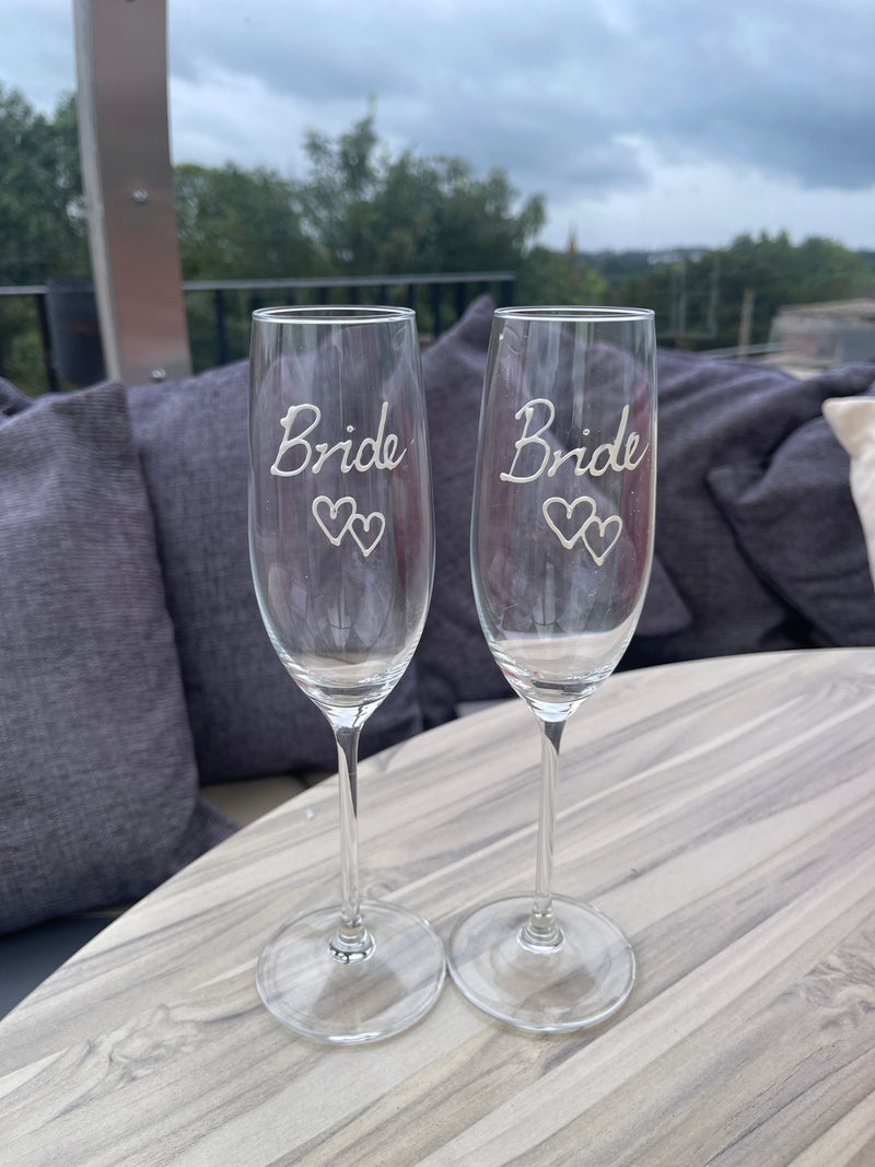 Bride & Bride Wedding Gift Champagne Glasses: (Hearts)