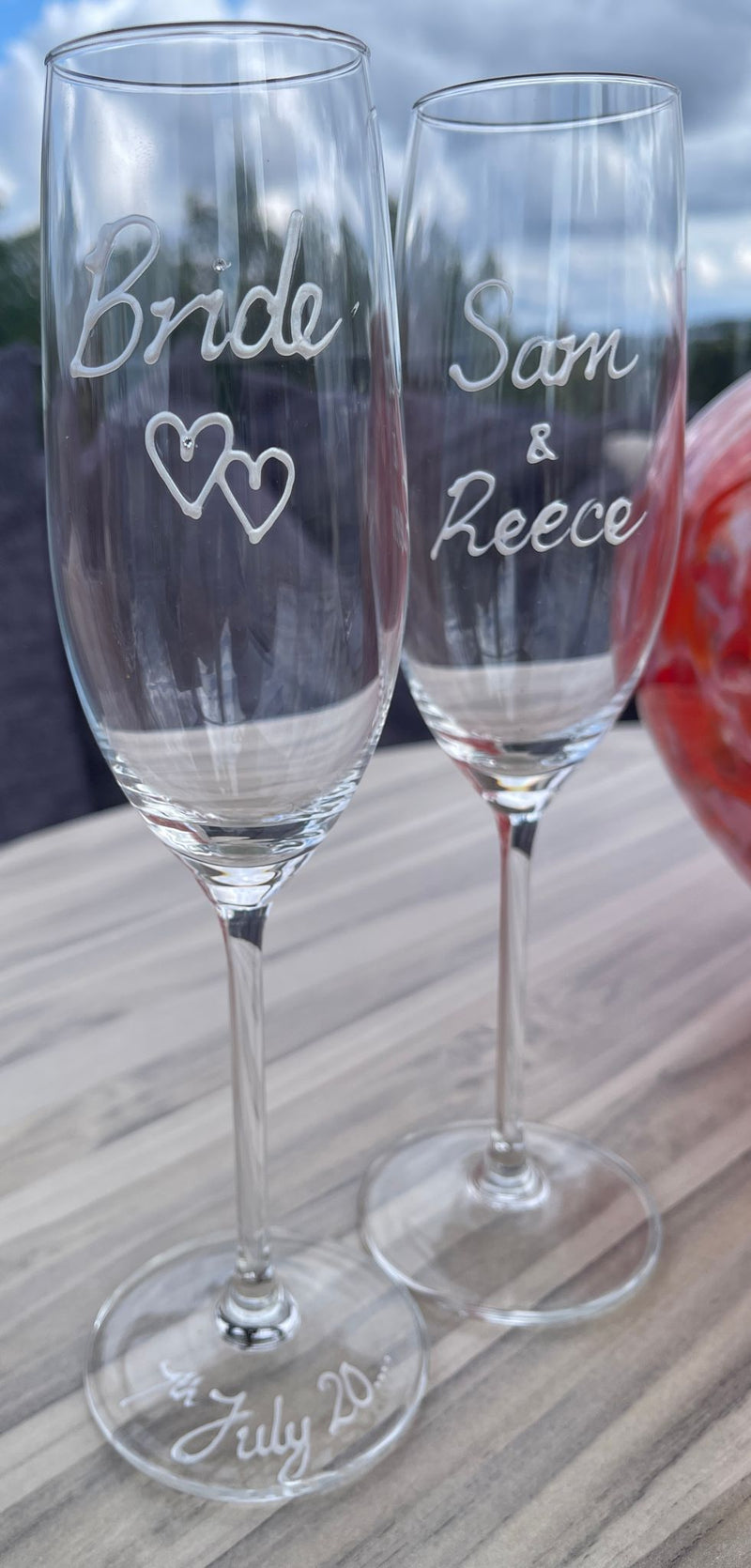 Personalised Bride & Groom Champagne Flutes Hearts