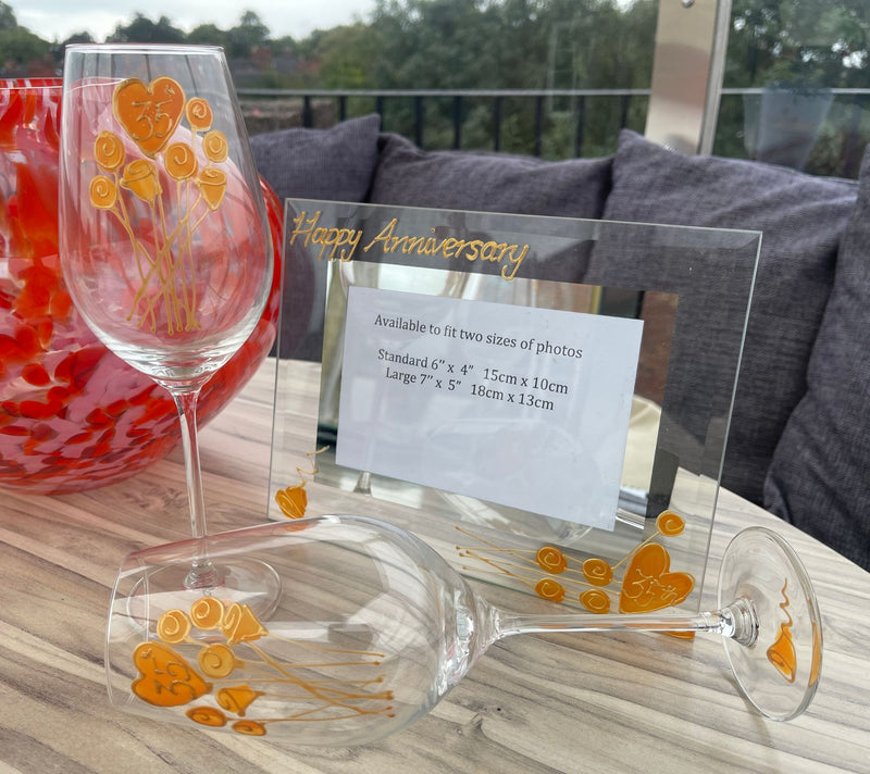35th Anniversary gift set includes pair of hand painted wine glasses and picture frame size 6"x4"
