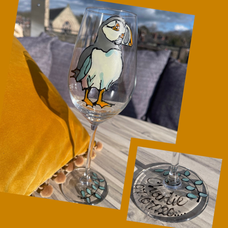 personalised Puffin hand painted wine glass 