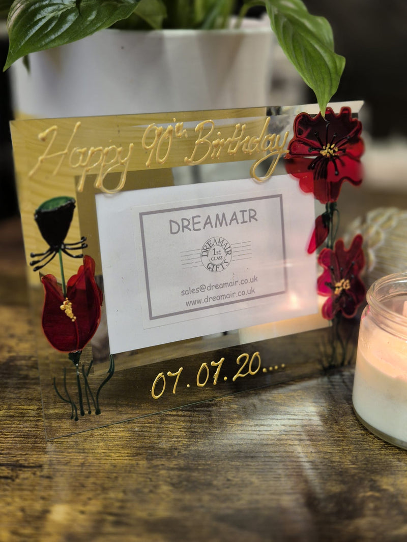 Hand Painted 90th Birthday Gift Photo Frame: Landscape Flowers