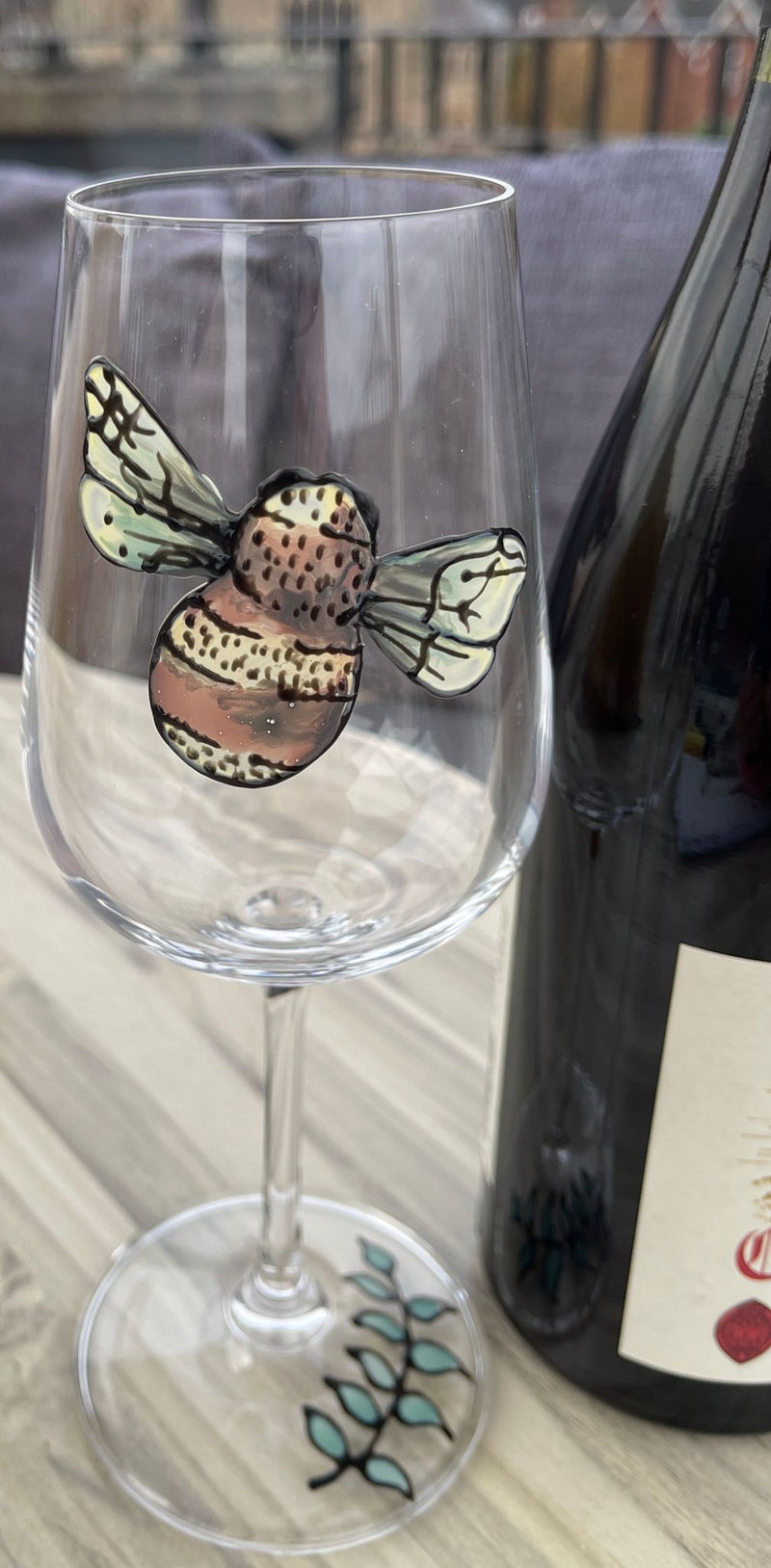 Hand painted Bee wine glass 