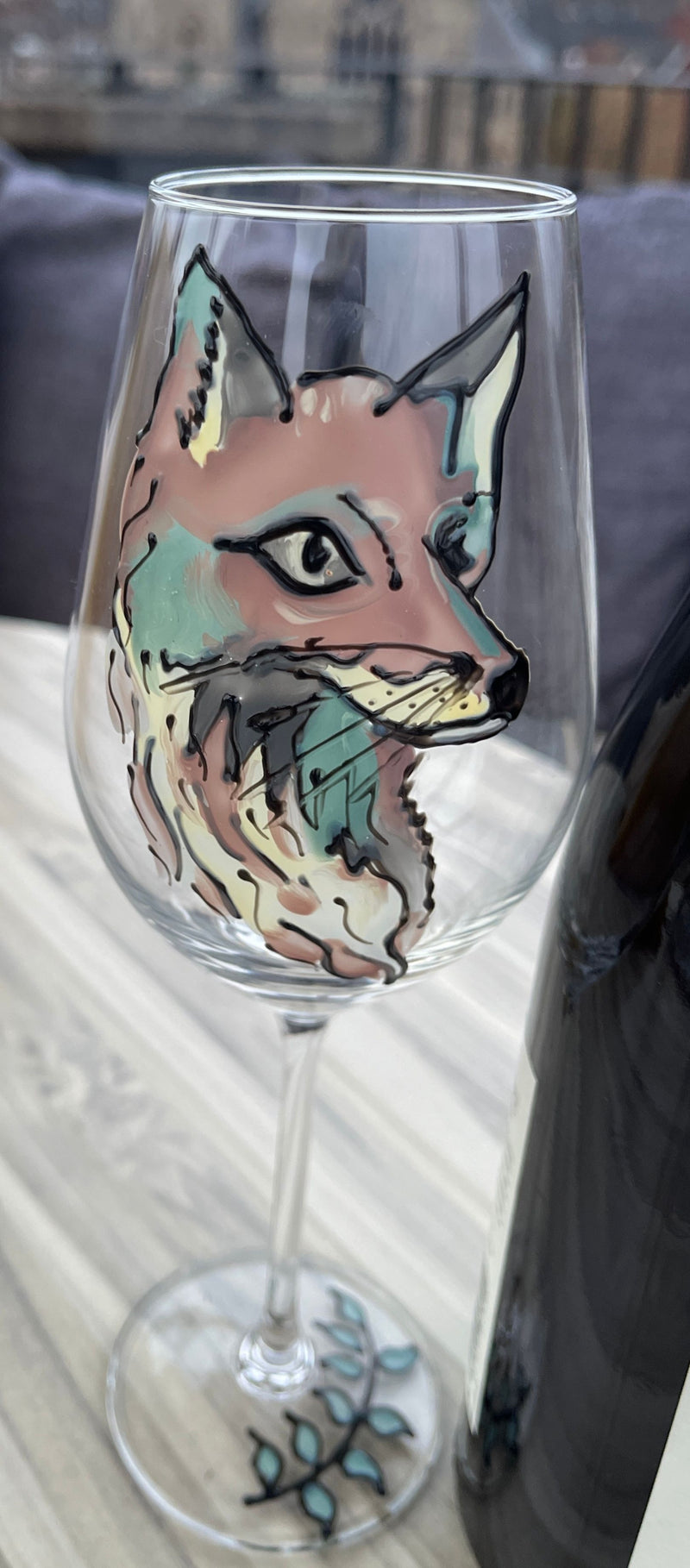 Hand painted fox wine glass