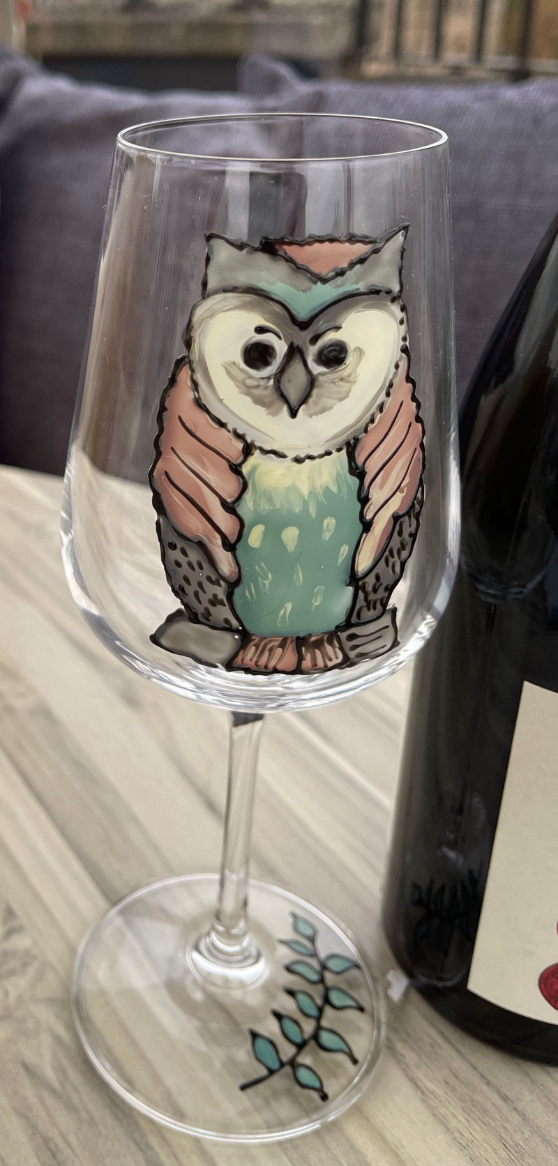  Hand Painted Owl Wine Glass