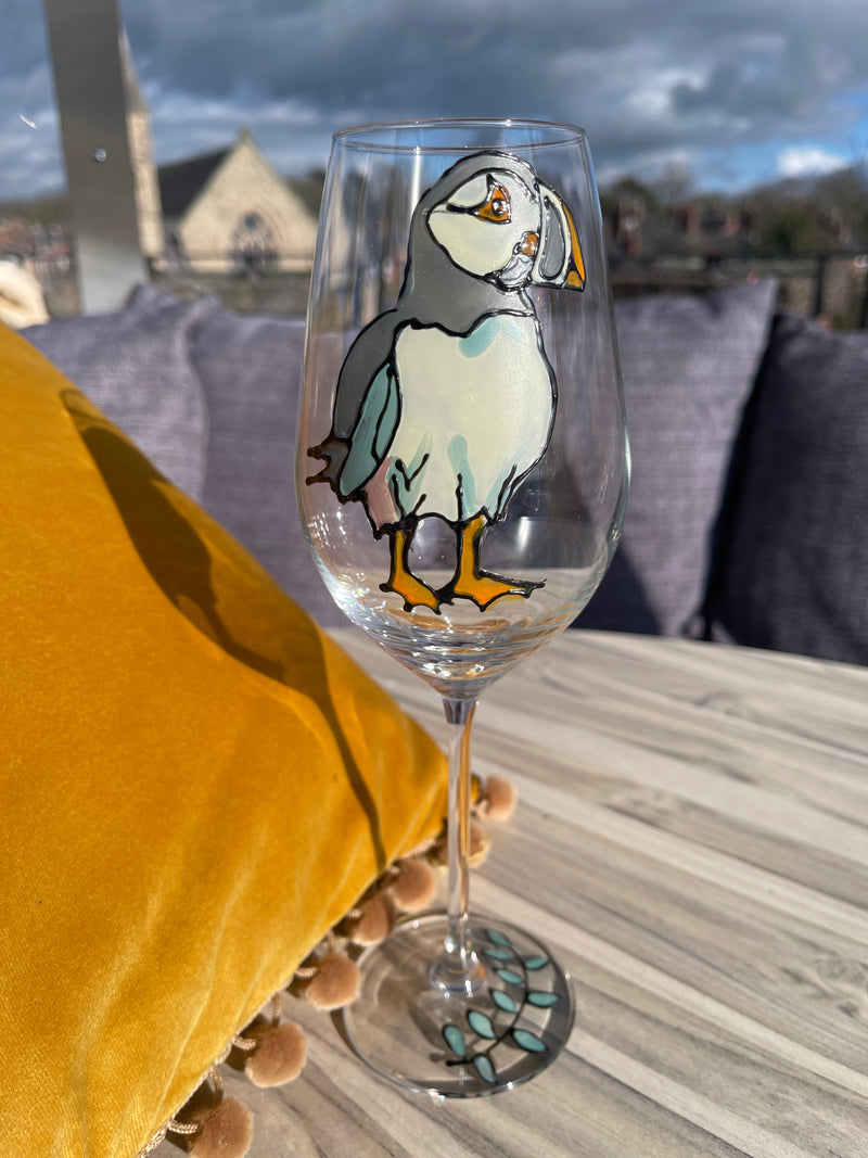 Puffin hand painted wine glass
