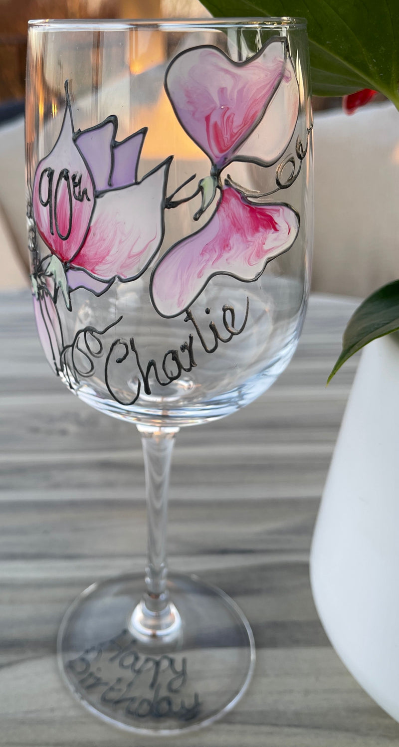 Personalised 90th Birthday Wine Glass Sweet Pea