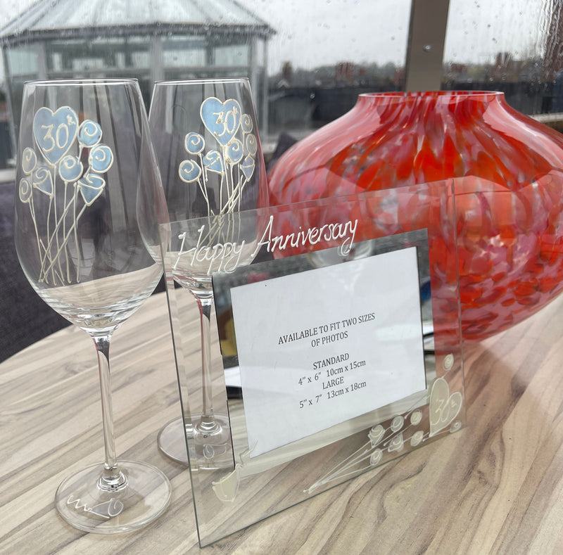 30th Anniversary Gift Set, Includes Photo Frame & Pair Of Wine Glasses Flower Design