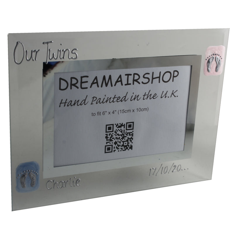 Personalised Our Twins Photo Frame: Landscape (Pink/Blue Feet)