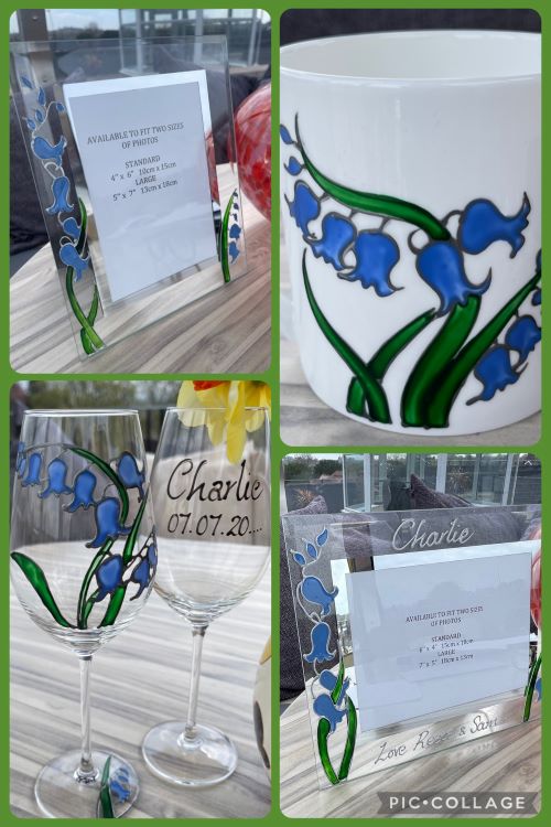 hand painted bluebell glasses, photo frames and china mugs 