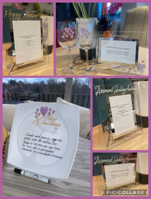 Diamond 60th  Wedding Anniversary hand painted photo frames wine glasses signature plates
