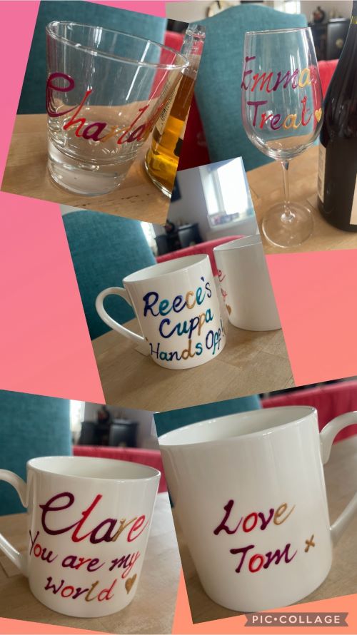 personalised hand painted wine glasses, mugs 
