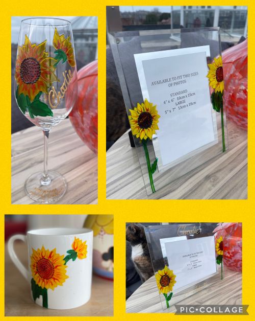 hand painted photo frames, wine glasses and 1 pint china mug 