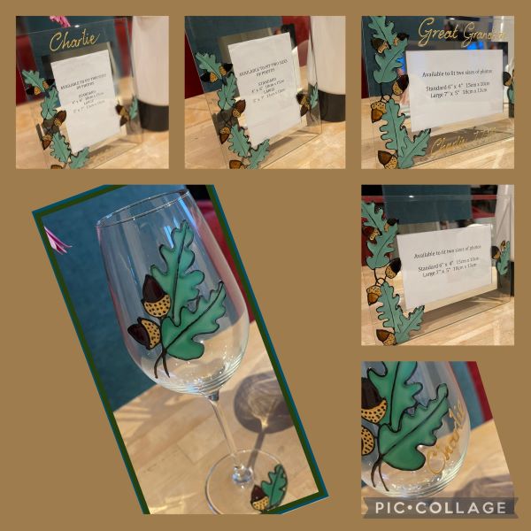 acorn and leaf hand painted photo frame and wine glass