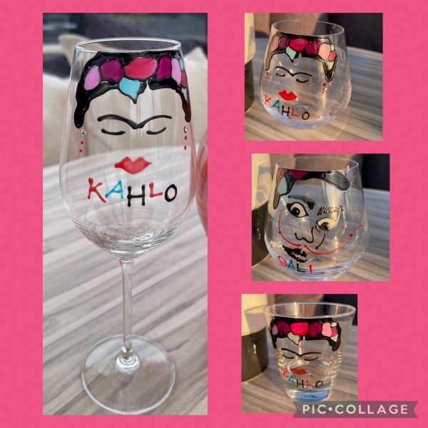 Dali and Fruda Kahlo hand painted glasses 