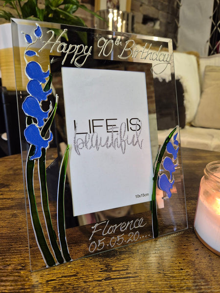 90th Birthday Bluebell Flower Hand Painted Portrait Photo Frame 2 Sizes