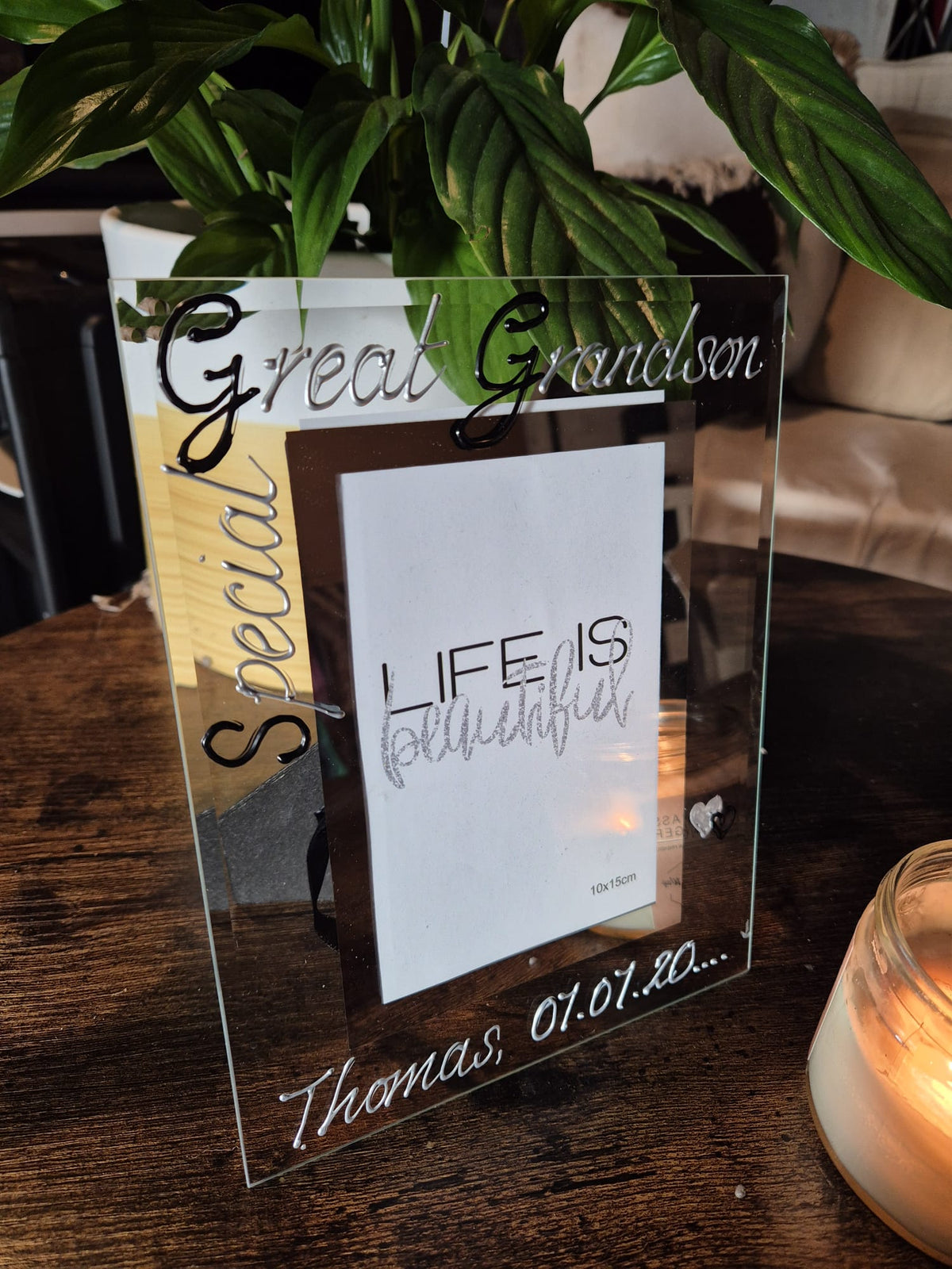 Personalised Special Great Grandson Photo Frame Portrait: (Blk & Sil) 2 sizes 4"x6" or 5"x7"