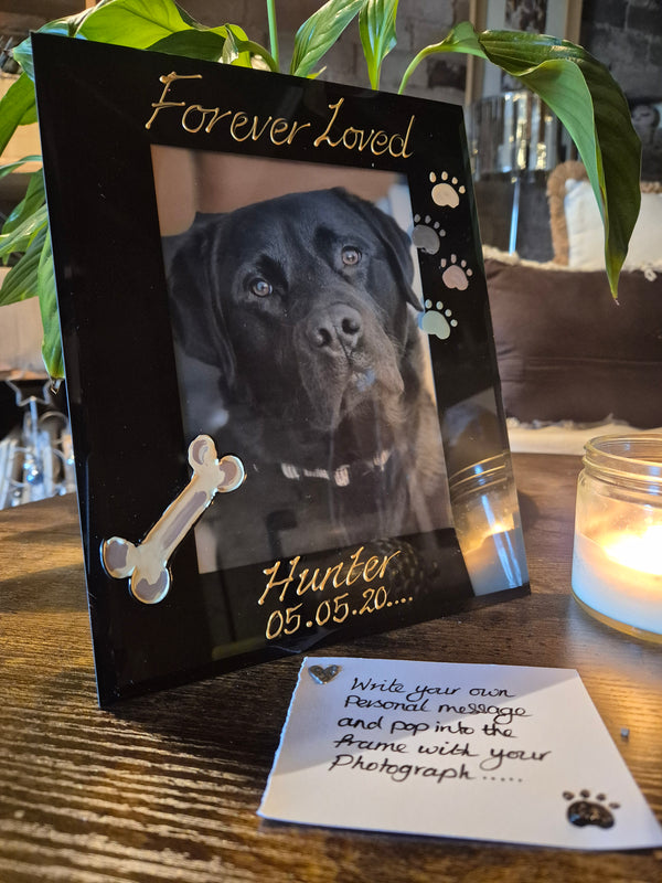 Hand Painted Forever Loved Pet Memorial Dog Bone & Paws Photo Frame Portrait 2 sizes