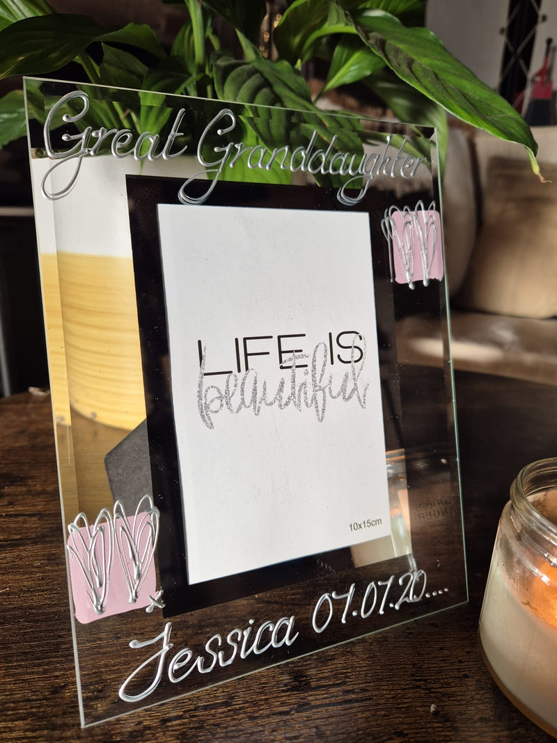 Personalised Great Granddaughter Photo Frame Portrait (Pink Hearts) 2 sizes 4"x6" 5"x7"