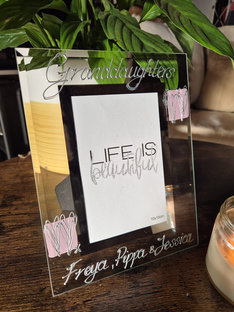Personalised Granddaughters Gift Photo Frame: Portrait (Pink Hearts) 4"x6" or 5"x7"