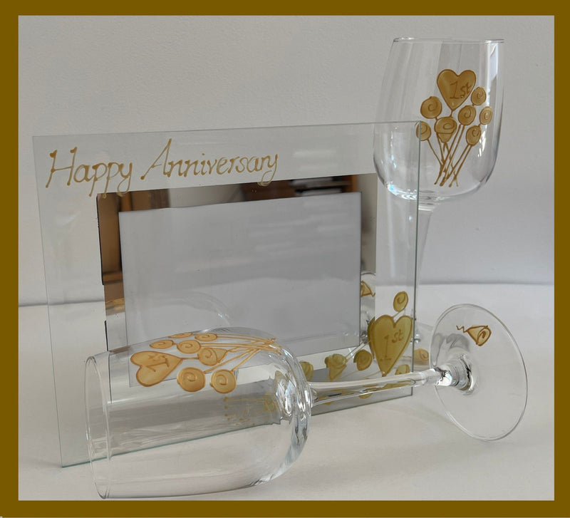  1st Anniversary Gift Set Wine Glasses Picture Frame Size 6"x4"