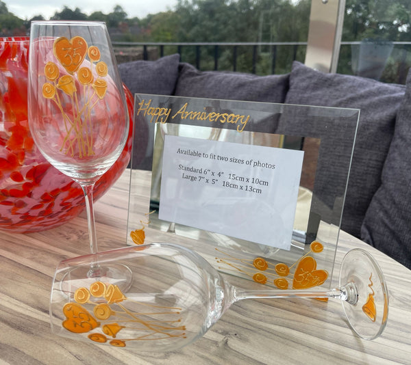 35th Wedding Anniversary Gift Set: Wine Glasses & Photo Frame (Flower)
