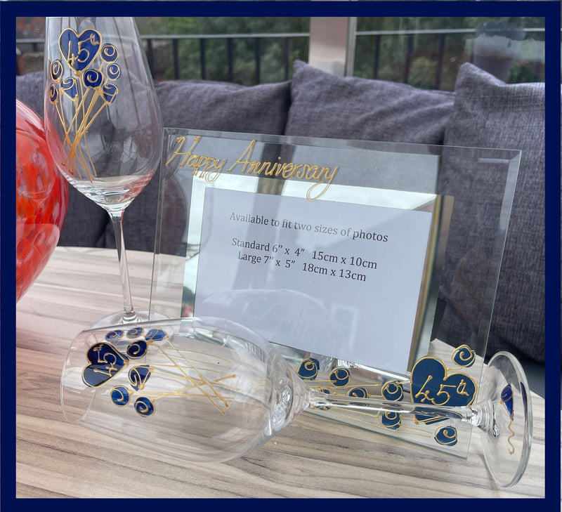 45th Anniversary Gift Set Wine Glasses Landscape Photo Frame 6"x4" Flower Design