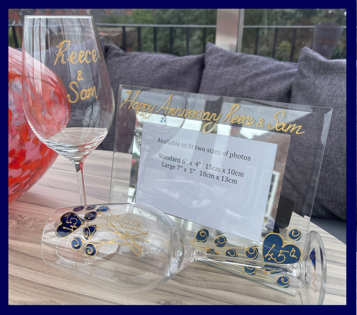 Personalised 45th Anniversary Gift Set Wine Glasses Landscape Photo Frame 6"x4" Flower Design