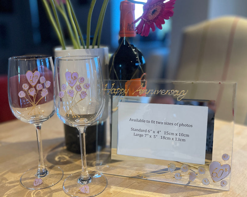 60th Wedding Anniversary Gift Set: Wine Glasses & Photo Frame (Flower)