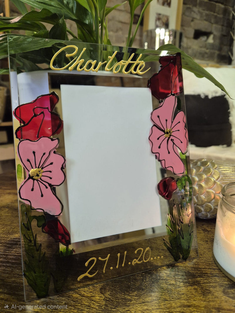 Personalised Hand Painted Poppy Pink Design Gift Photo Frame: Portrait 2 Sizes 4"x6" or 5"x7"