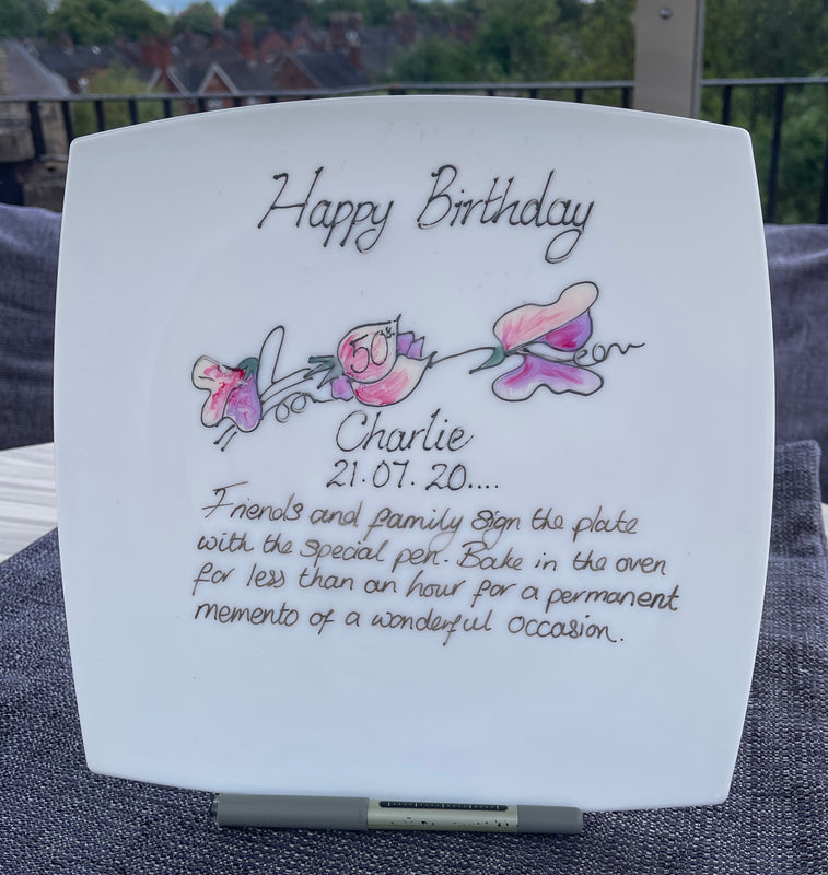 50th Birthday Gift Signature Plate: Square (Sweet Pea)