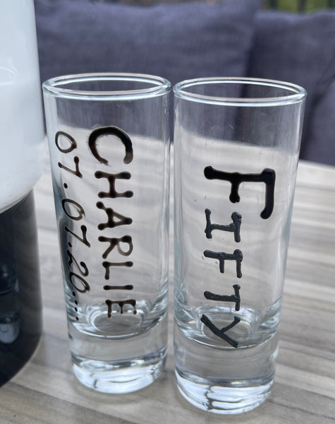 50th Birthday Tall Shot Glass: (Black/Silver)