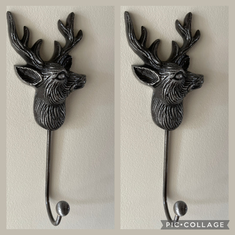 2 Stag Coat Hooks Antique Silver