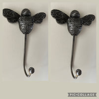 2 Bee Coat Hooks Antique Silver