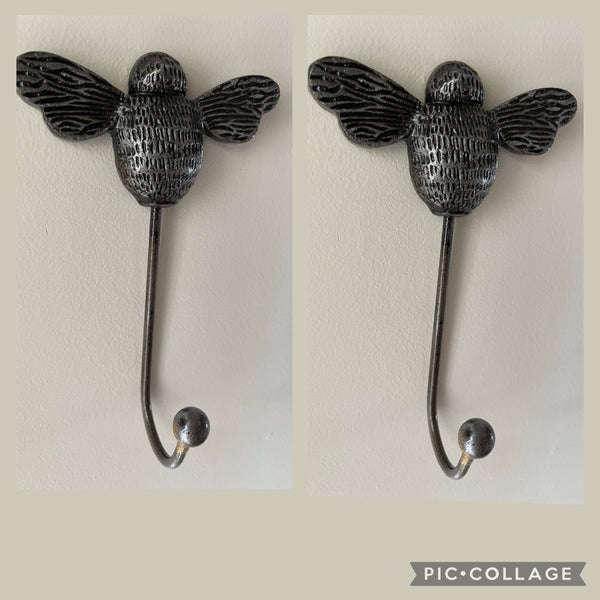 2 Bee Coat Hooks Antique Silver