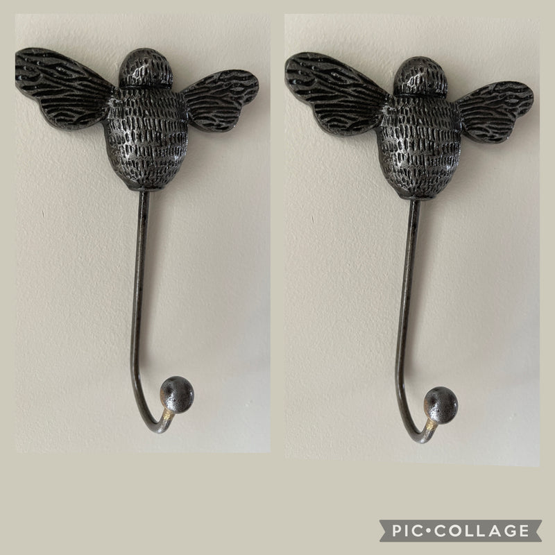 2 Bee Coat Hooks Antique Silver