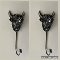2 Highland Cow Coat Hooks Antique Silver