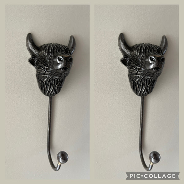 2 Highland Cow Coat Hooks Antique Silver