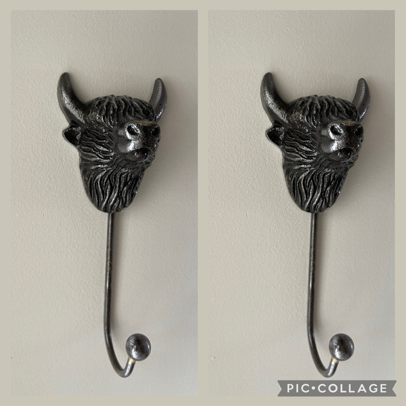 2 Highland Cow Coat Hooks Antique Silver
