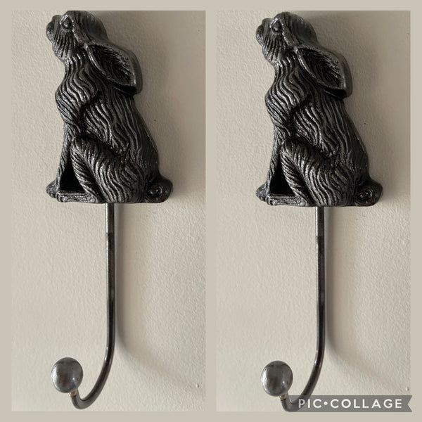 2 Moon Gazing Hare Coat Hooks Antique Silver