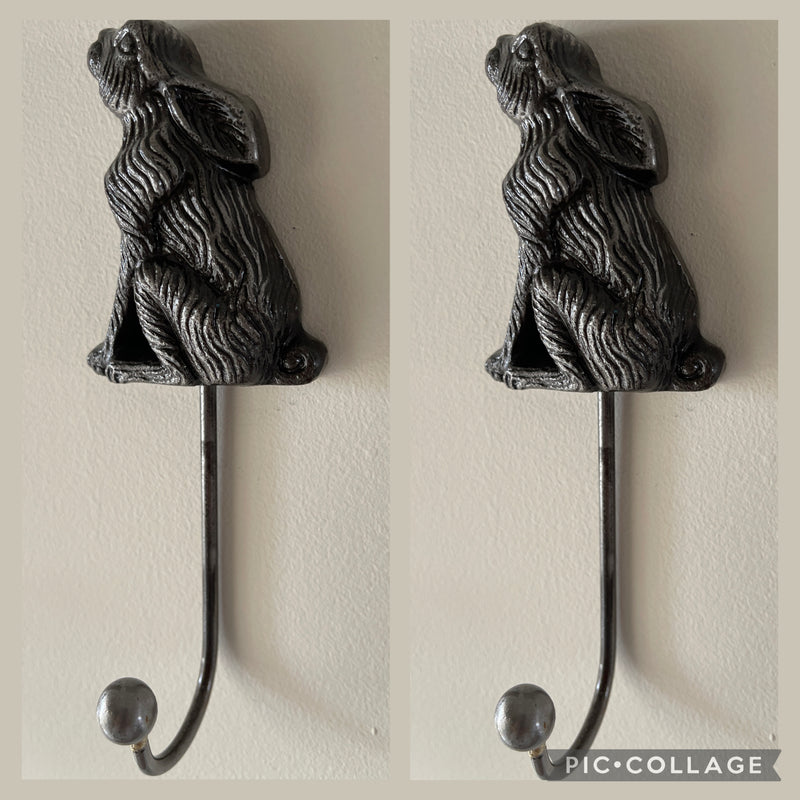 2 Moon Gazing Hare Coat Hooks Antique Silver