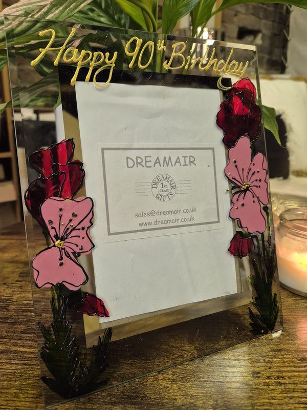 Hand Painted 90th Birthday Gift Photo Frame: Portrait Flowers 4 Designs
