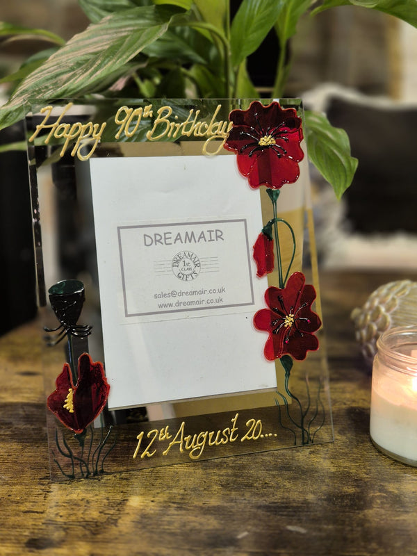 Hand Painted 90th Birthday Gift Photo Frame: Portrait Flowers 4 Designs