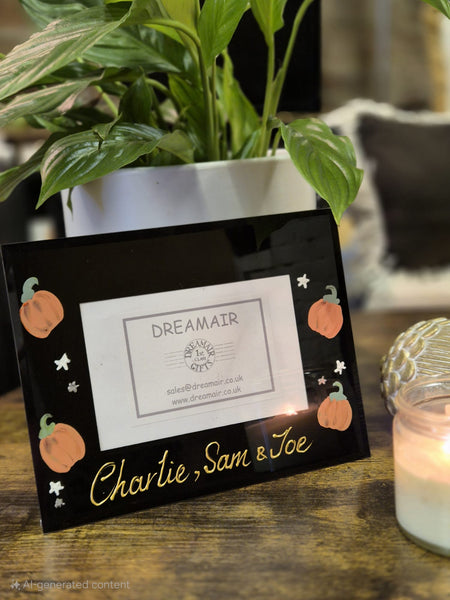 Pumpkins Hand Painted Landscape Black Glass Photo Frames 2 Sizes