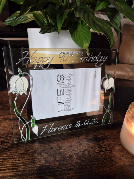 90th Birthday Snowdrop Flowers Hand Painted Landscape Photo frame 2 Sizes