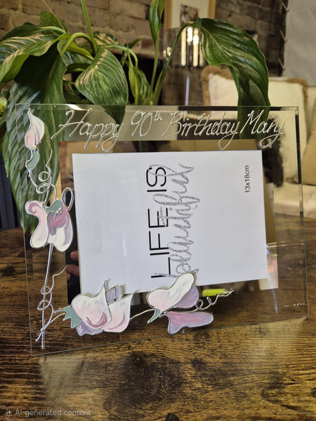 Hand Painted 90th Birthday Gift Photo Frame: Landscape (Sweet Pea)