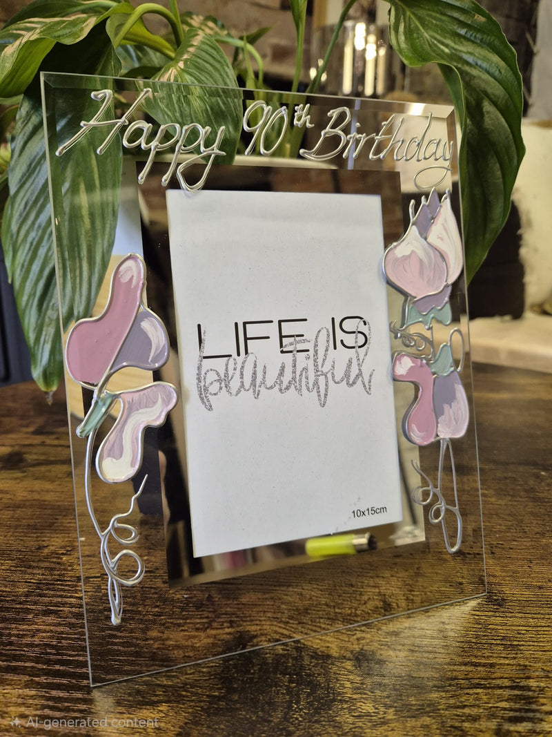 Handpainted 90th Birthday Gift Photo Frame: Portrait (Sweet Pea)  sizes 4"x6" or 5x7"