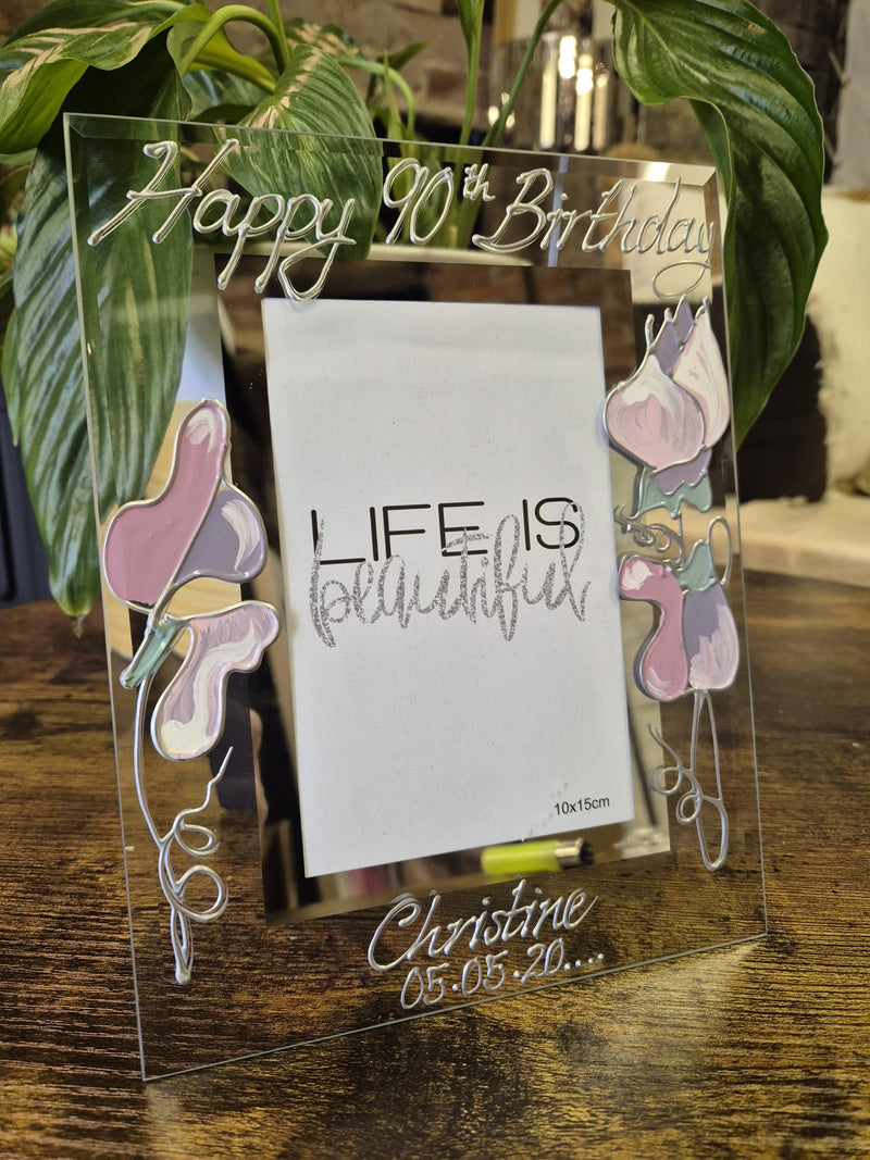 Personalised Handpainted 90th Birthday Gift Photo Frame: Portrait (Sweet Pea)  sizes 4"x6" or 5x7"