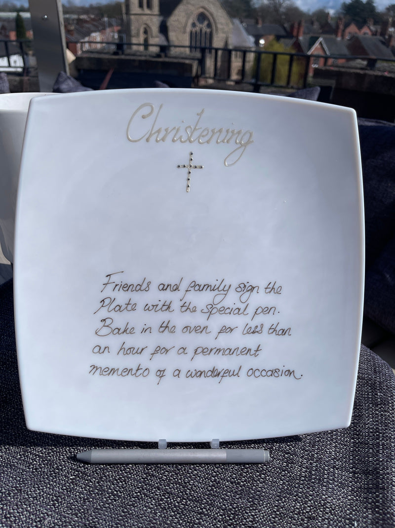 Christening Day Gift Signature Plate: Square Cross With Crystals