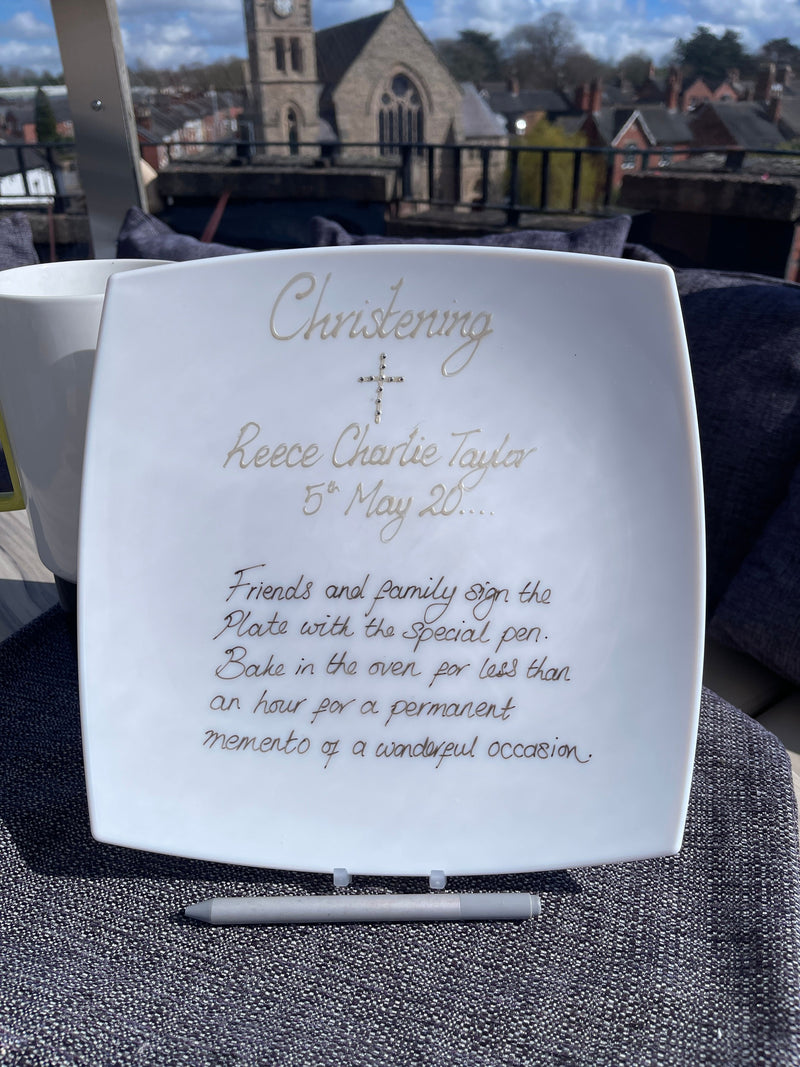 Personalised Christening Day Gift Signature Plate: Square Cross With Crystals
