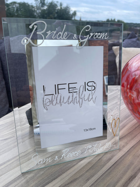 Personalised Bride & Groom Frame: Portrait (White) with crystals